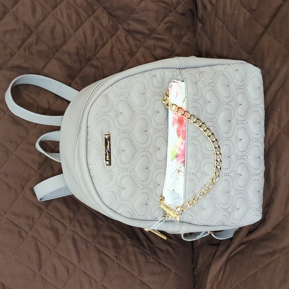 NWT Grey Betsey Johnson Heart Backpack With Removable Chain Pouch